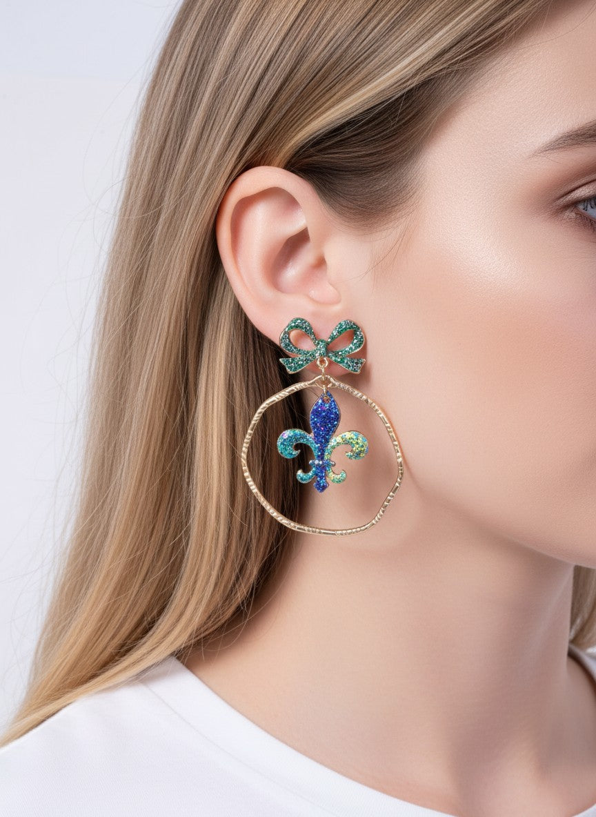 Glitter Fleur De Lis Bow Round Post Drop Earrings
