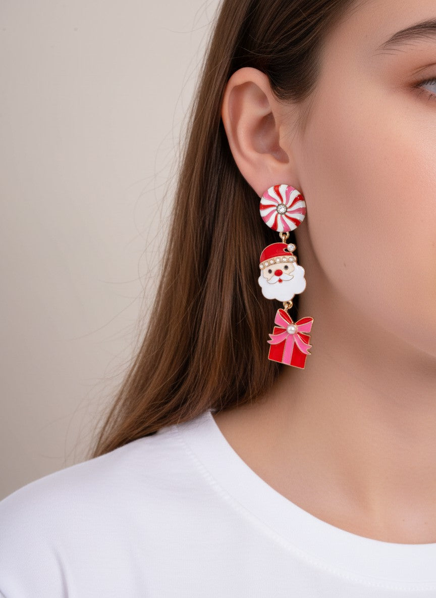 Peppermint Santa Gift Enamel Pearl Drop Earrings