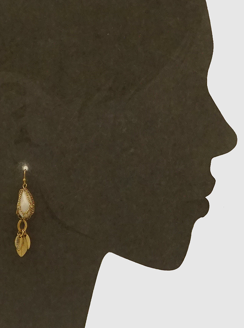 METAL CHAIN LEAVES W WHITE AGATE DROP FISH HOOK EARRINGS