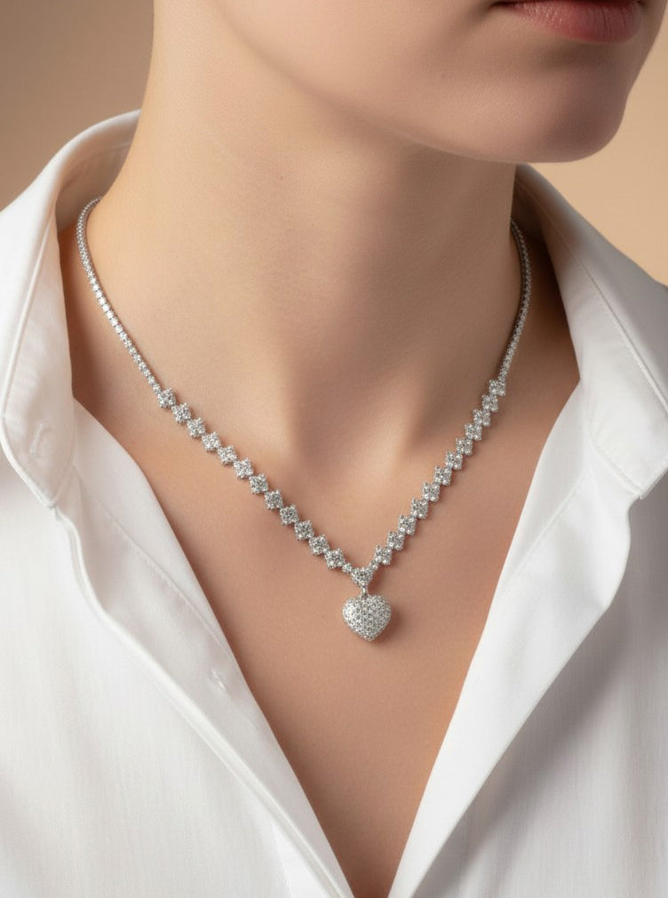 Cubic Zirconia Heart Pave Tennis Necklace