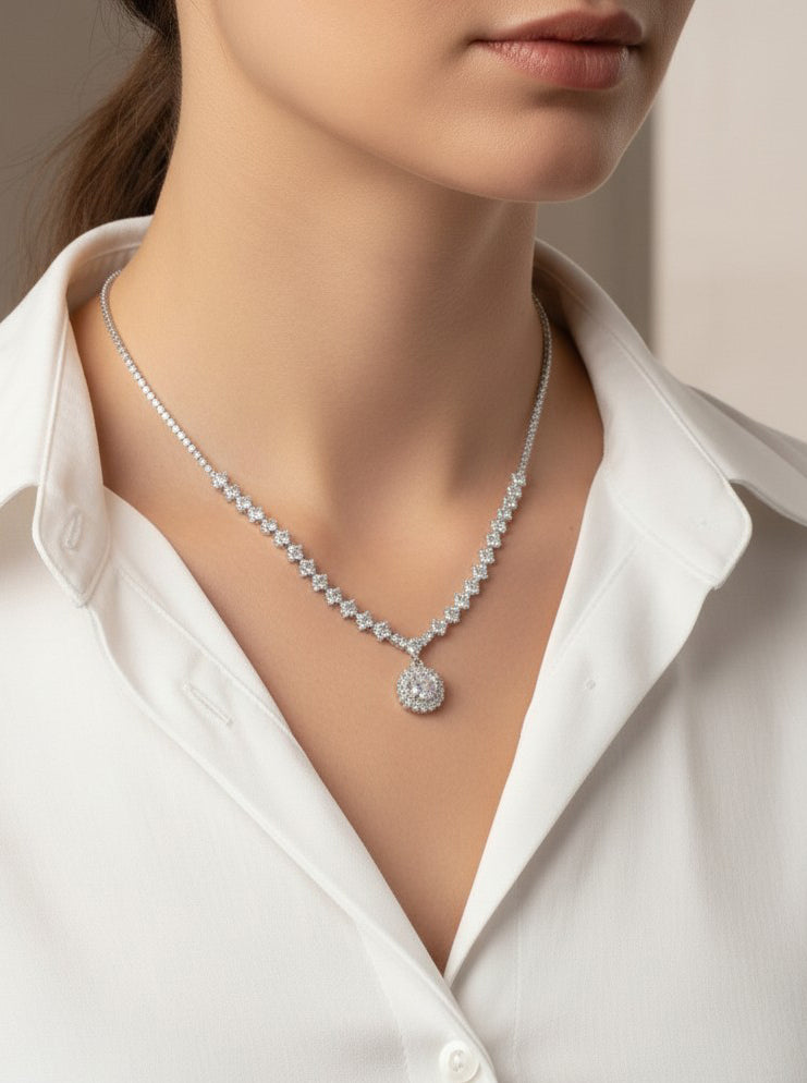 Elegant Round Halo Pave Tennis Necklace