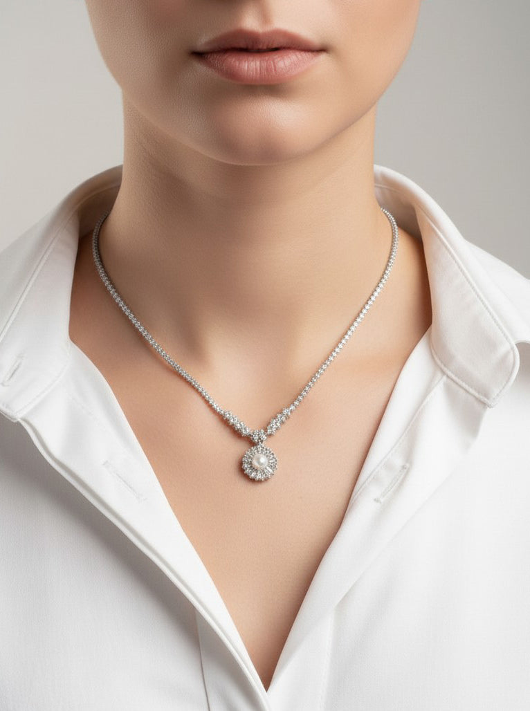 Flower Pave Pearl Halo Tennis Necklace With CZ