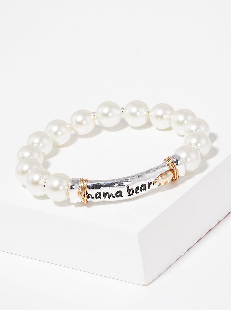 Mama Bear Engraved Wire Wrapped Acylic Pearl Stretch Bracelet