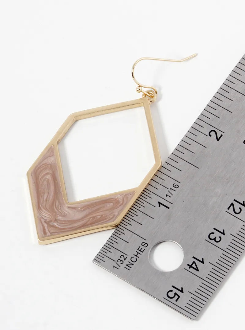 Marble Enamel Filled Long Hexagon Dangle Drop Earrings