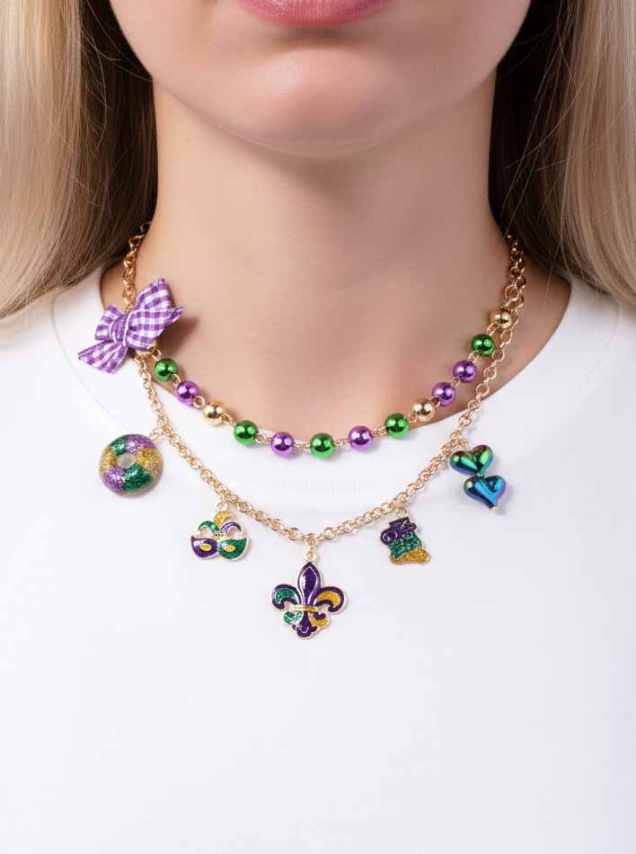 Mardi Gras Multi Charm Beaded Layered Necklace