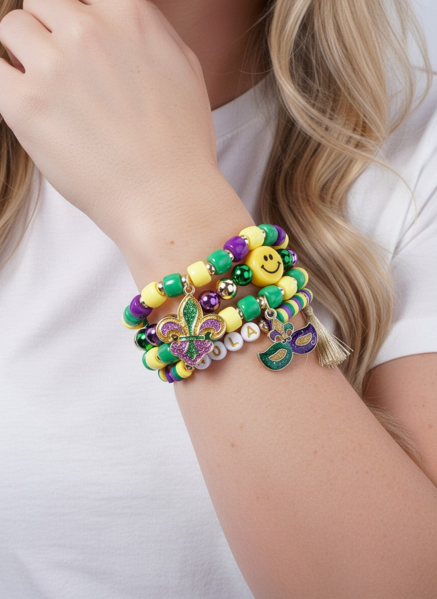 Mardi Gras Multi Charm Beaded Stretch Bracelet