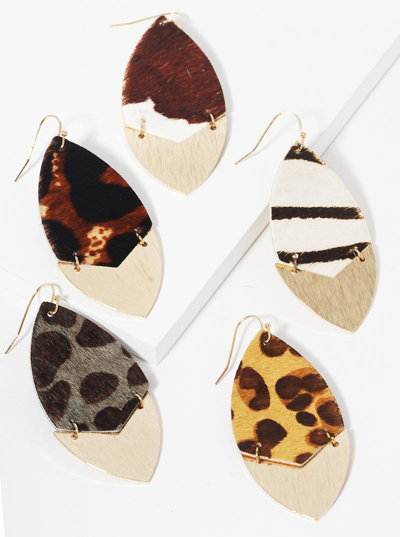 Marquise Shape Animal Printed Genuine Cowhide Leather Fish Hook Dangle Drop Earrings