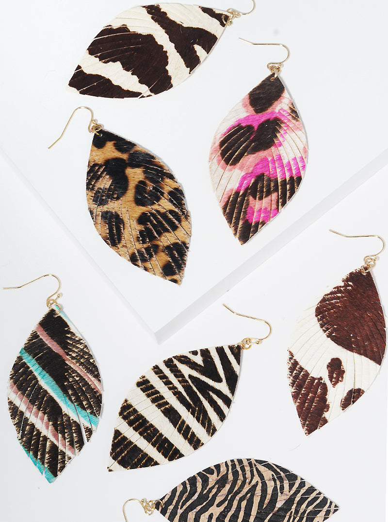 Marquise Shaped Animal Print Genuine Leather Drop Earrings