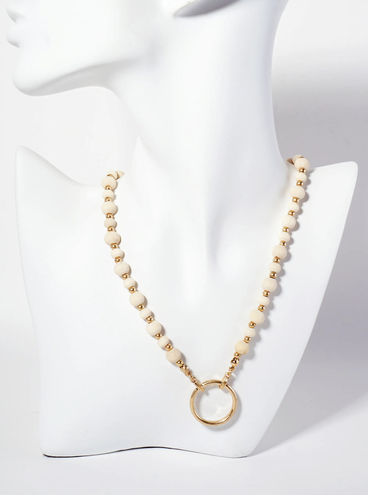 Metal Circle Pendant Color-Coated Wood-Beaded Chain Necklace