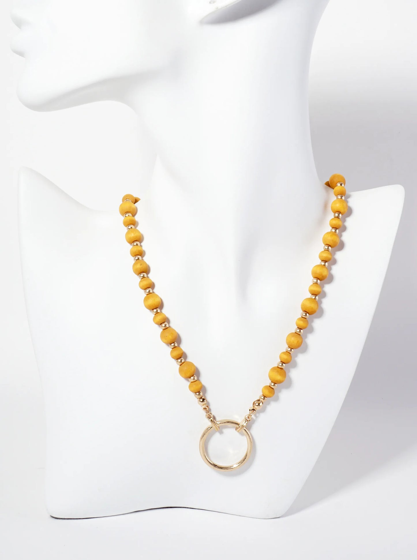 Metal Circle Pendant Color-Coated Wood-Beaded Chain Necklace