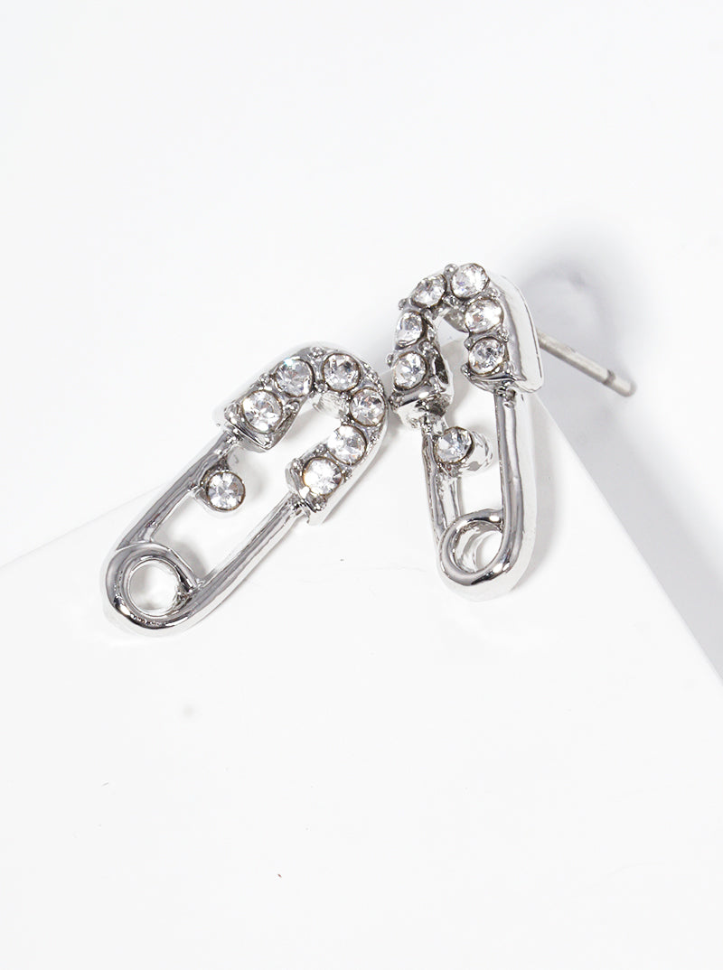 Metal Crystal Pave Safety Pin Dainty Post Stud Earrings