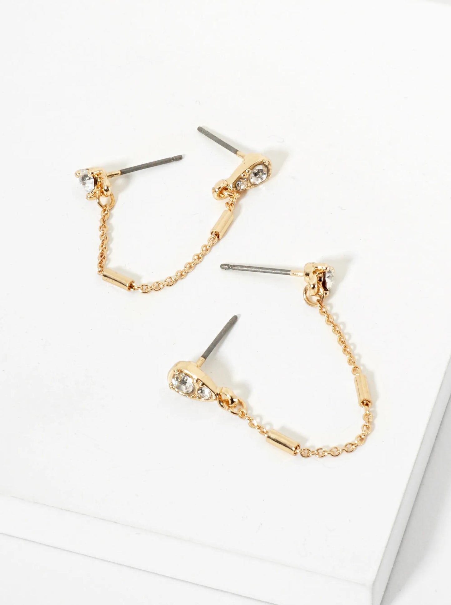 Metal Double Piercing 2 Inch Link Bar Chain Stud Earrings