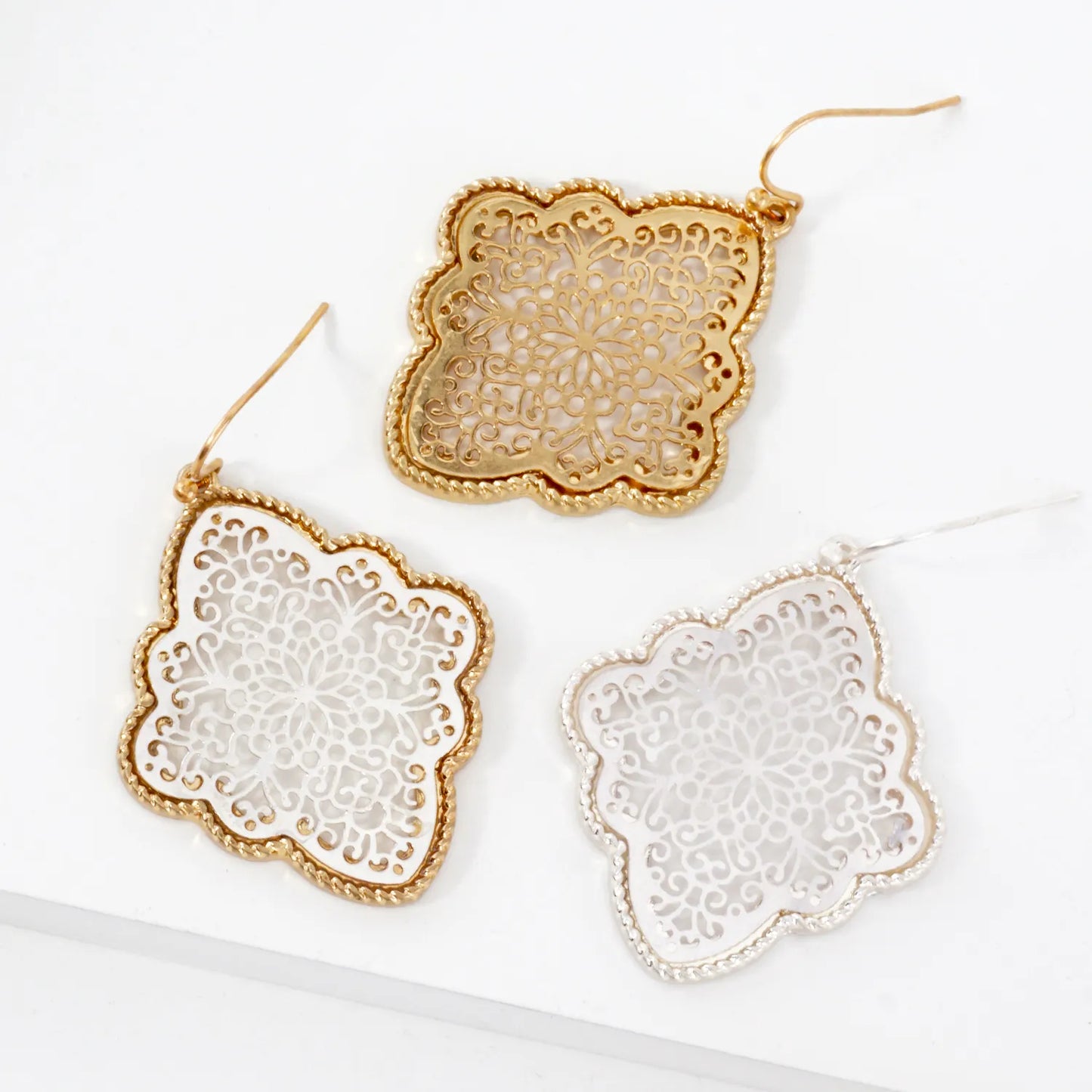 Metal Filigree Quatrefoil Dangle Earrings