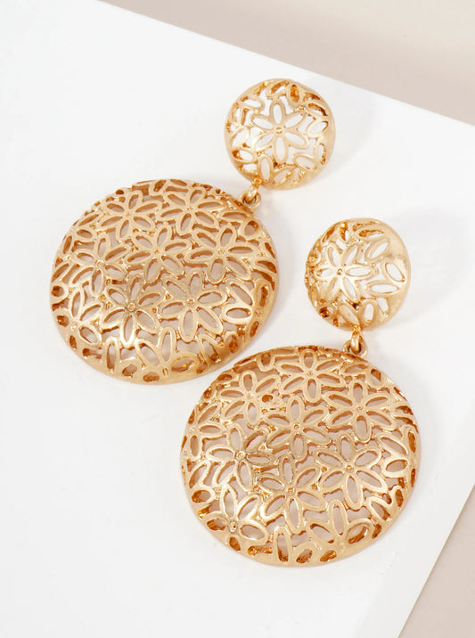 Metal Floral Filigree Circle Drop Dangle Earrings With-Titanium-Post