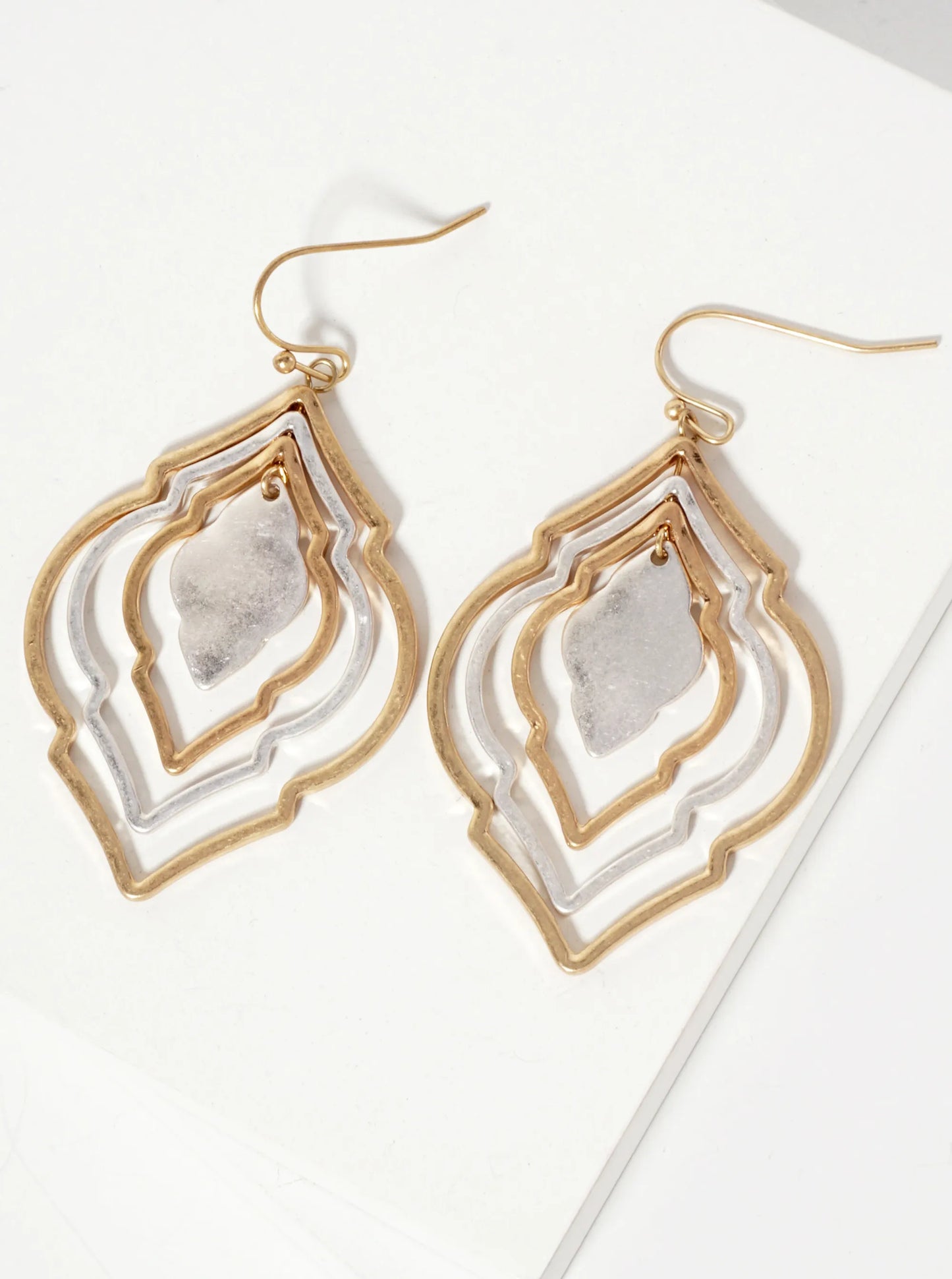 Metal Four Layered Quatrefoil Dangle Drop Earrings