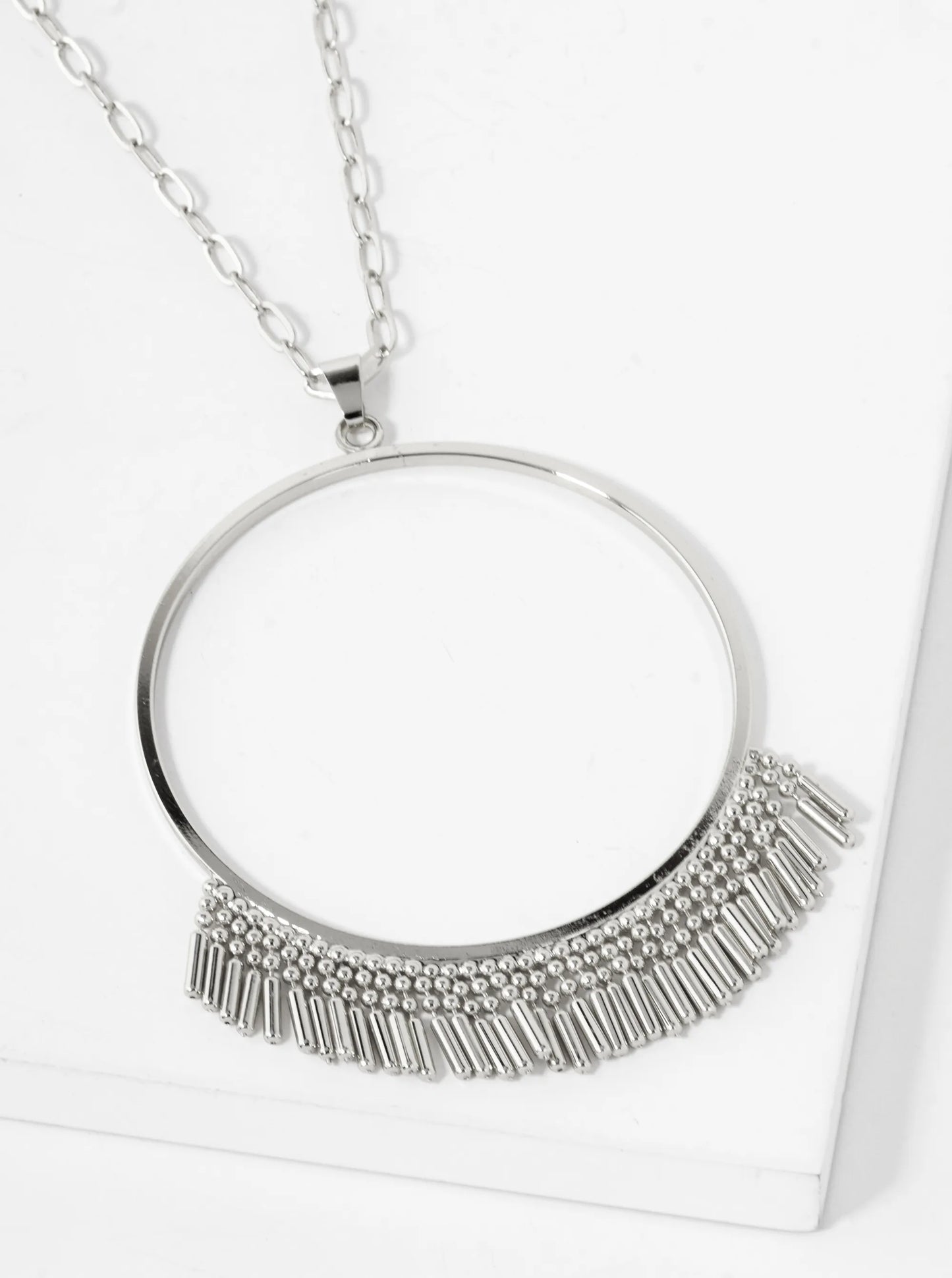 Metal Fringe Circle Pendant 32 Inch Long Necklace