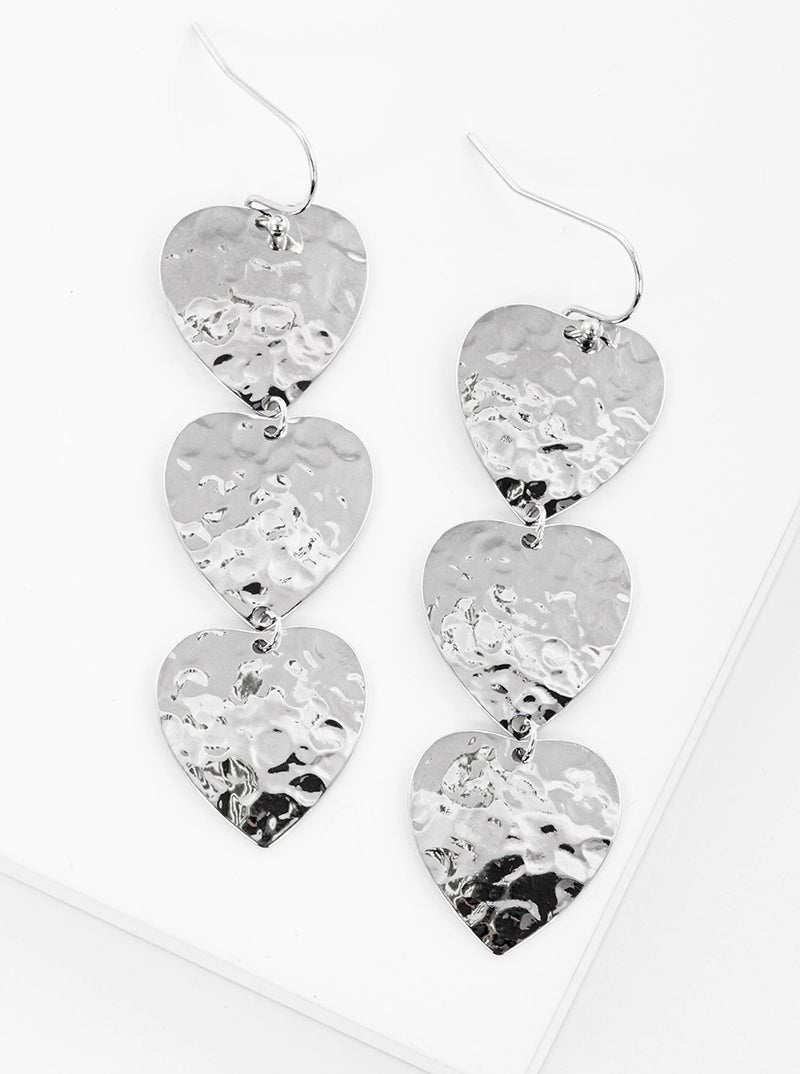 Metal Hammered Heart Drop 3 Tier Dangle Earrings