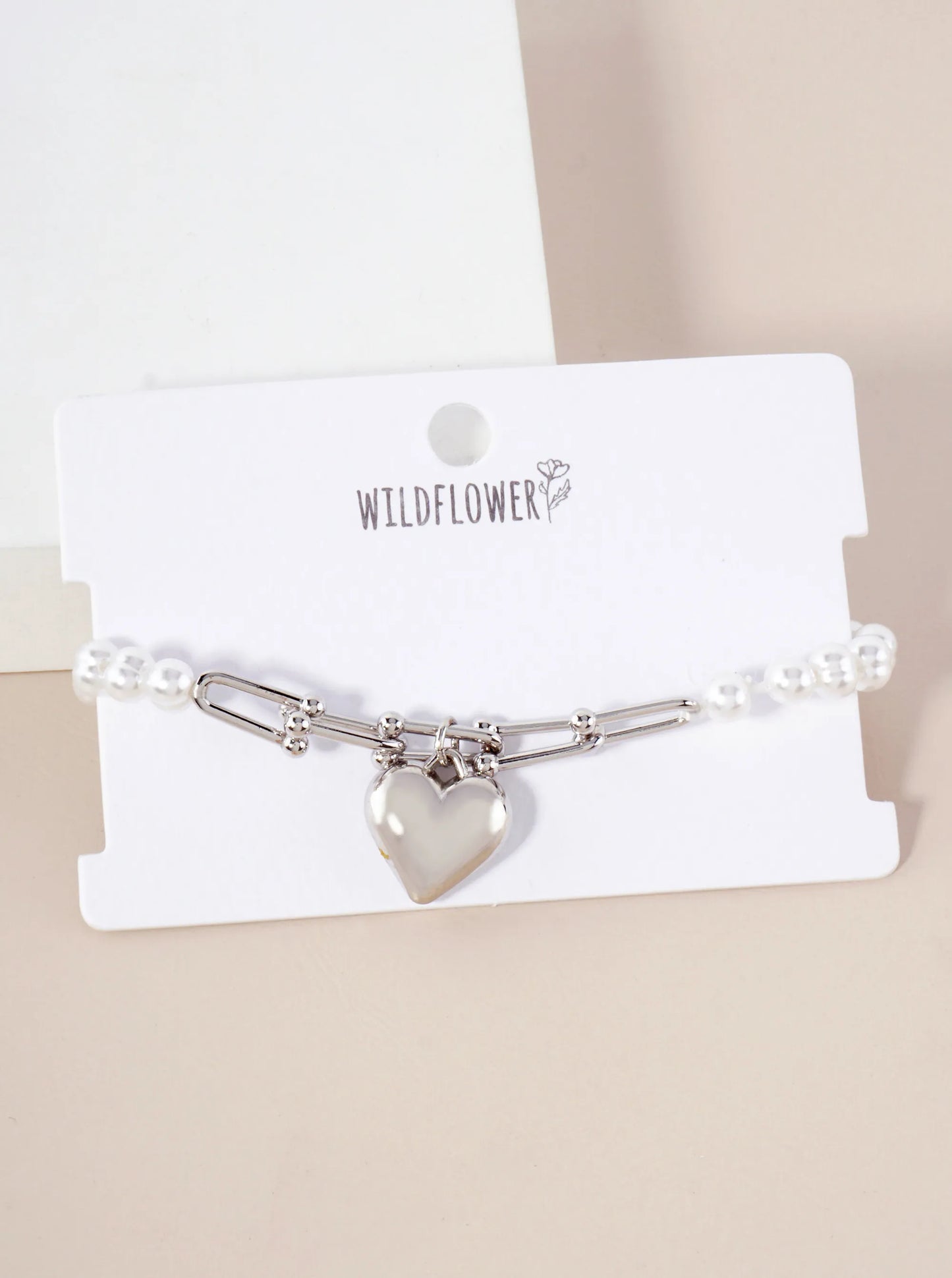 Metal Heart Charm 6mm Pearl-Bead Stretch Bracelet