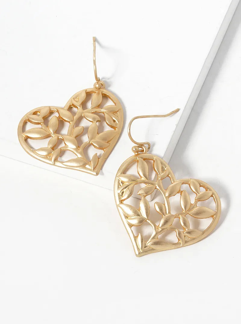 Metal Nature Inspired Heart Dangle Drop Earrings