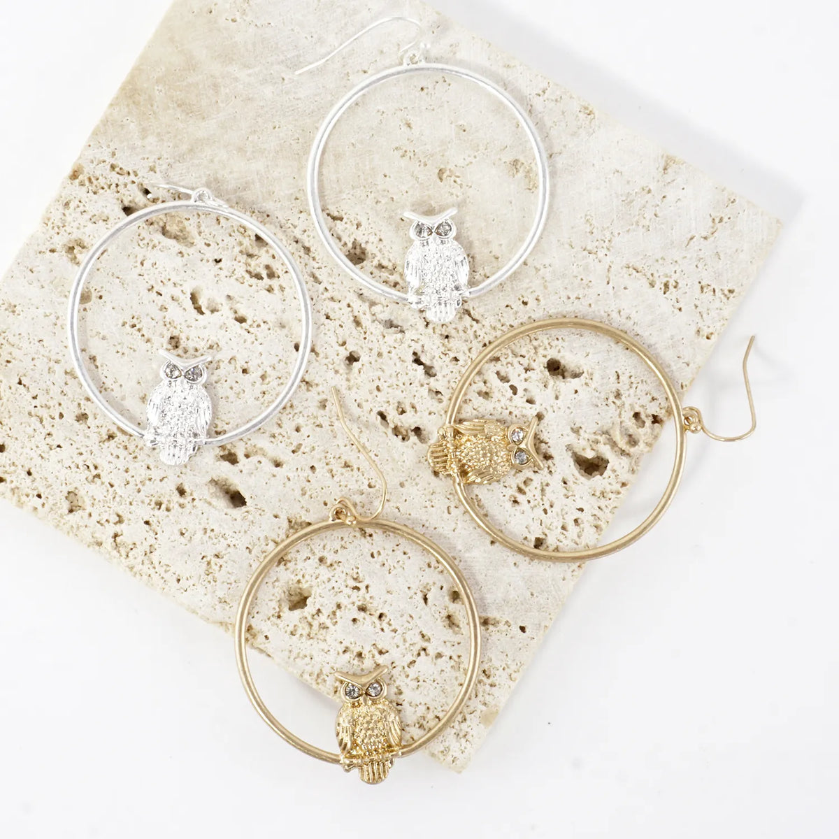 Metal Owl-in-Circle Dangle Earrings