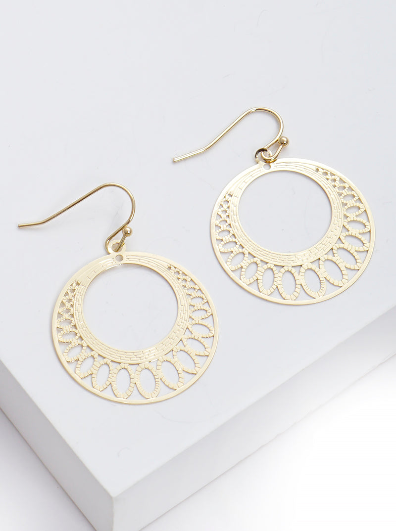 Metal Round Filigree Delicate Fishhook Dangle Drop Earrings