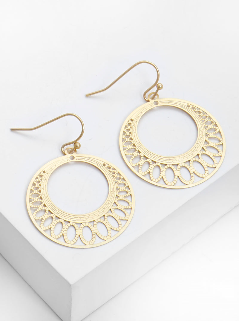 Metal Round Filigree Delicate Fishhook Dangle Drop Earrings