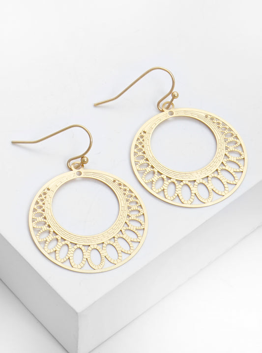 Metal Round Filigree Delicate Fishhook Dangle Drop Earrings