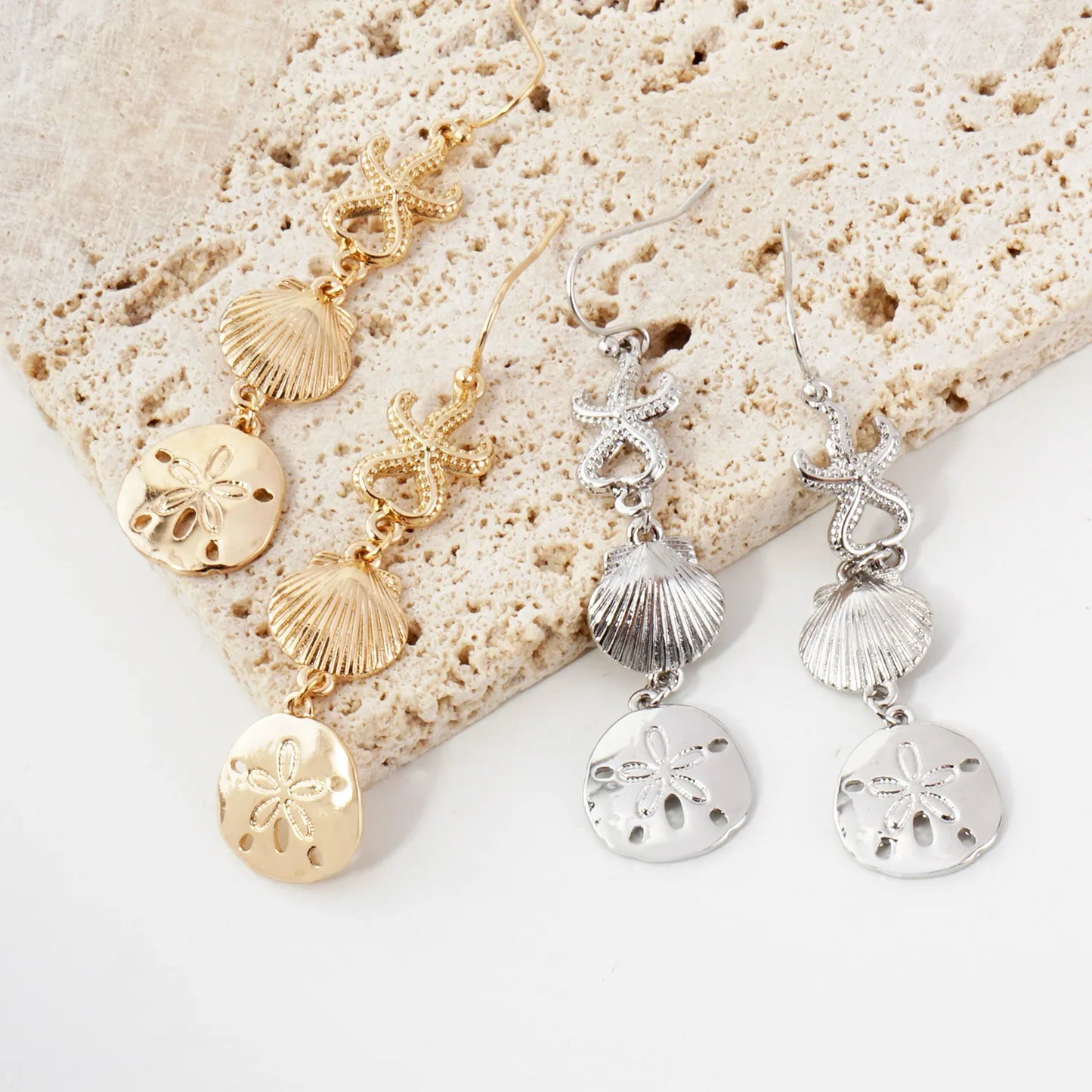 Metal Starfish Seashell Sand-Dollar Drop Sea-Life Dangle Earrings