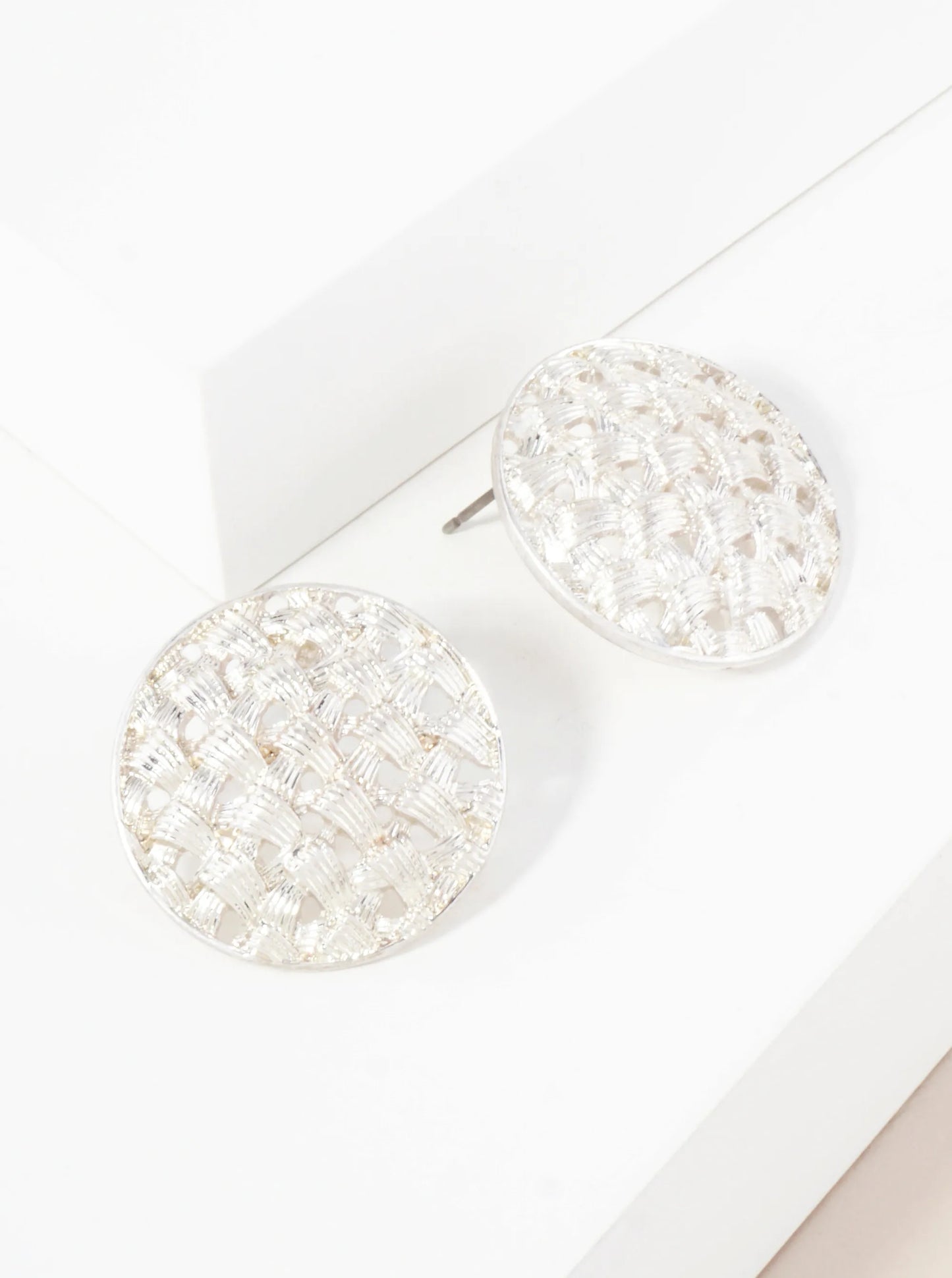 Metal Woven-Texture 1-inch Round Stud Earrings With-Titanium-Post