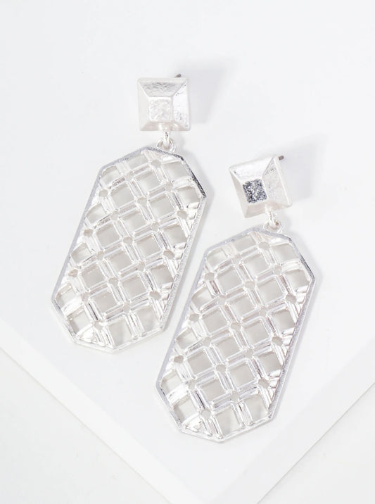 Metal Woven-Texture Geometric Long Octagon Drop Dangle Earrings With-Titanium-Post