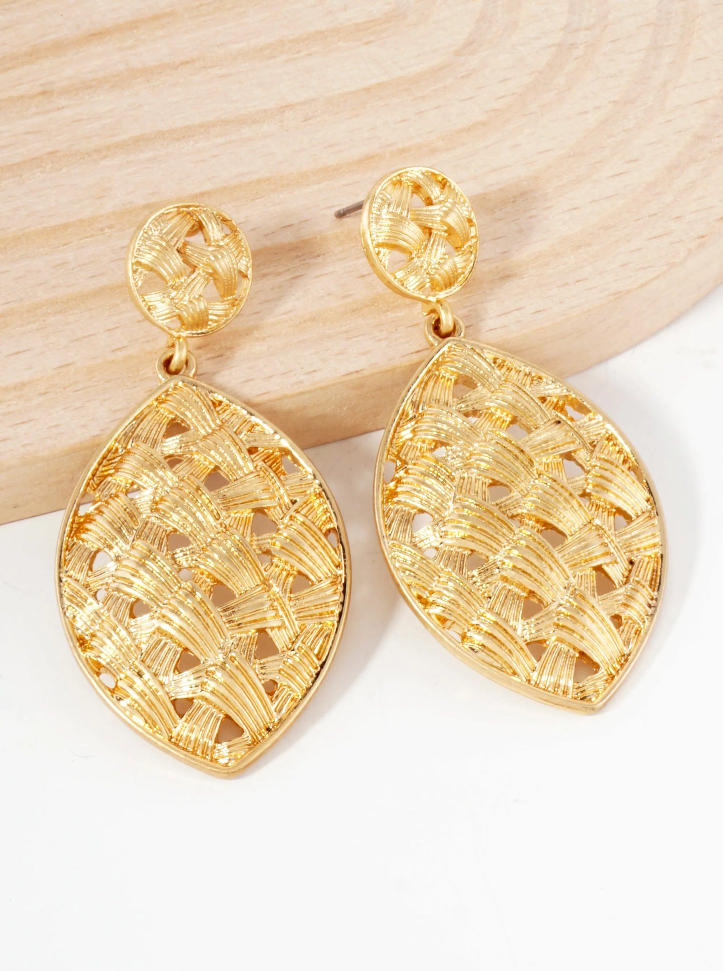 Metal Woven-Texture Marquise Drop Dangle Earrings With-Titanium-Post