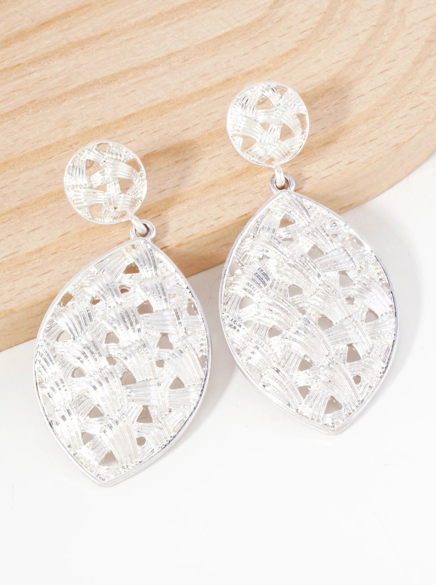 Metal Woven-Texture Marquise Drop Dangle Earrings With-Titanium-Post