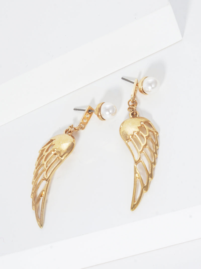 Metal Angel Wings With Pearl Post Dangle Drop Earrings