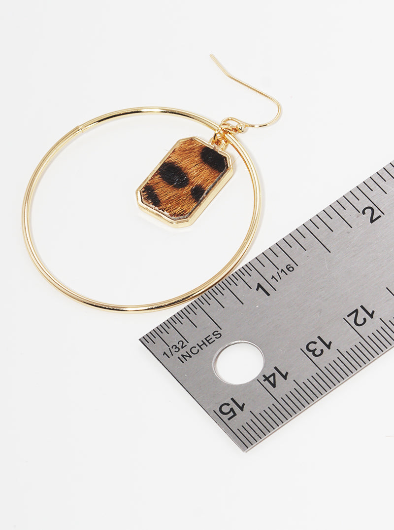 Metal Circle With Leopard Drop Dangle Earrings