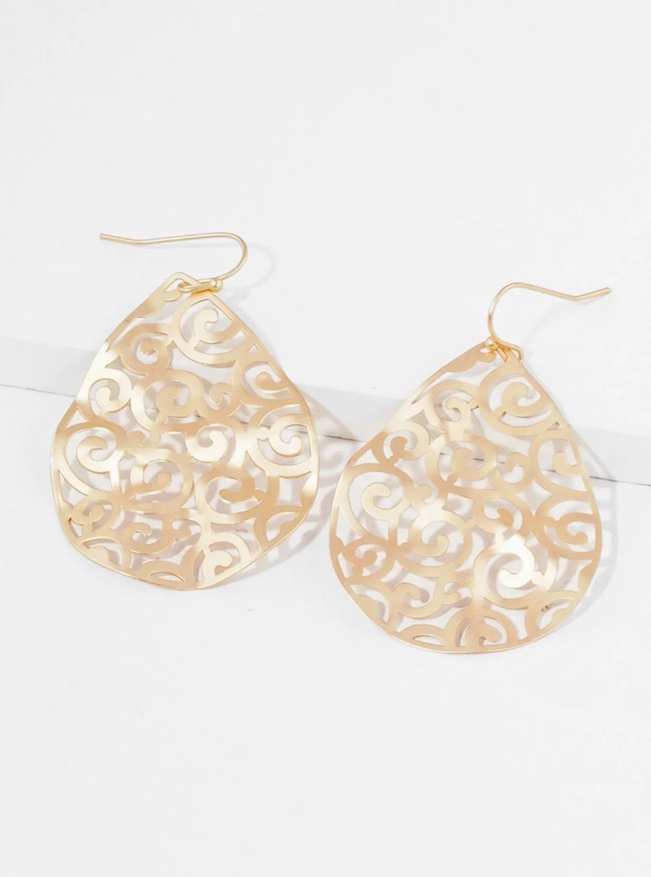Metal Crushed Teardrop Filigree Fish Hook Dangle Drop Earrings