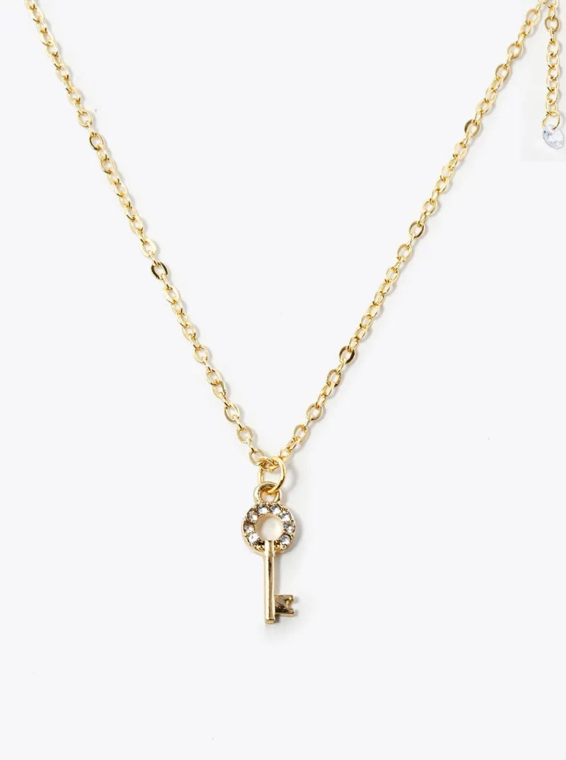Metal Crystal Pave Key Pendant Dainty Necklace