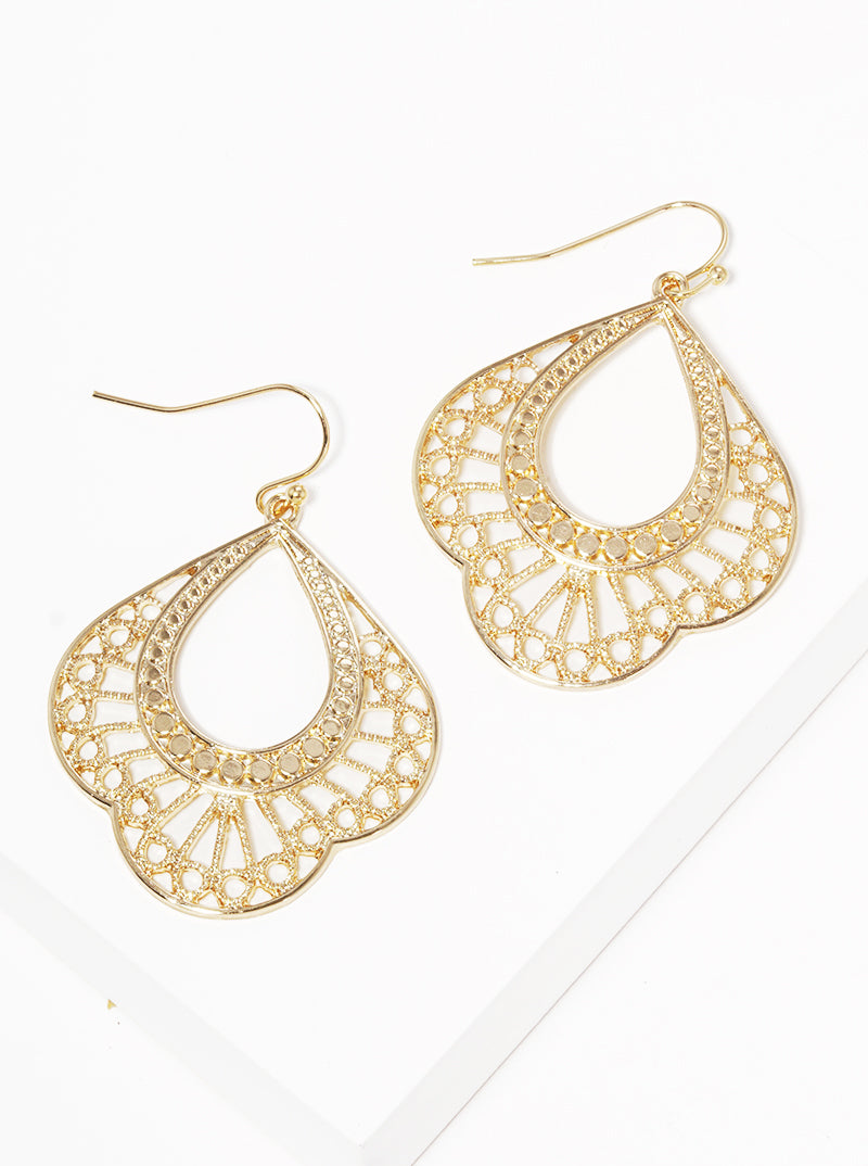 Metal Filigree Moroccan Shape Fish Hook Dangle Drop Earrings