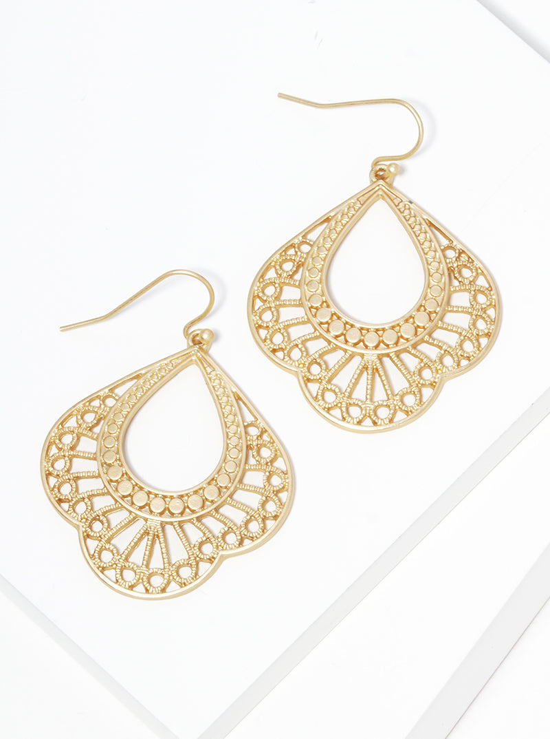 Metal Filigree Moroccan Shape Fish Hook Dangle Drop Earrings