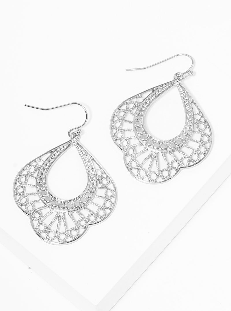 Metal Filigree Moroccan Shape Fish Hook Dangle Drop Earrings