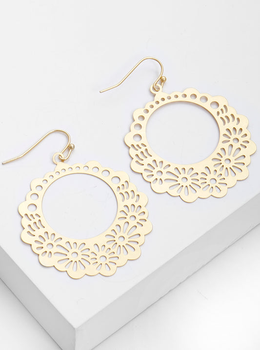 Metal Flower Floral Filigree Dangle Drop Earrings
