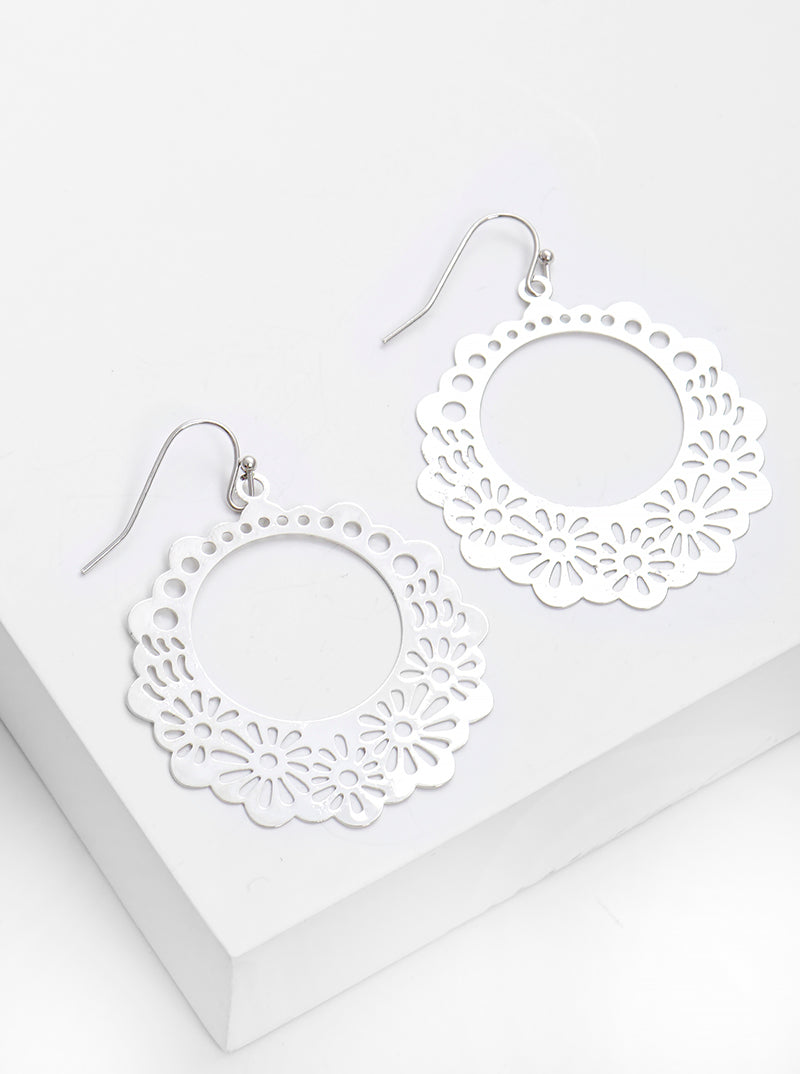 Metal Flower Floral Filigree Dangle Drop Earrings
