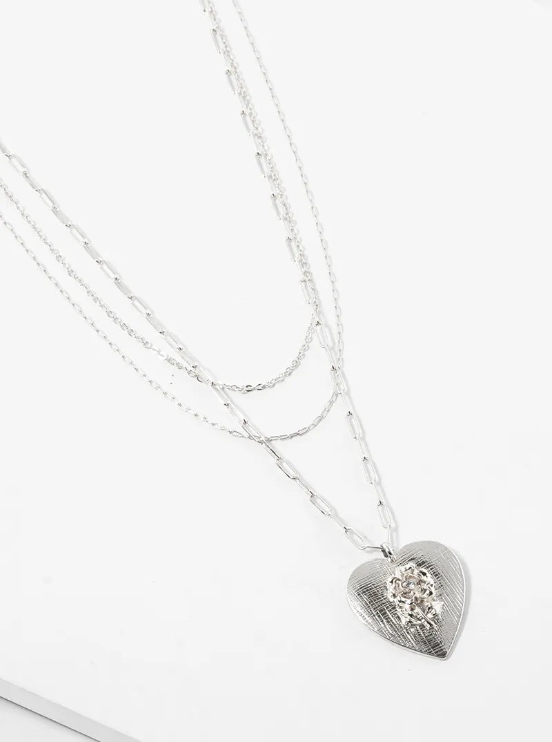 Metal Flower Heart Pendant Layered Necklace