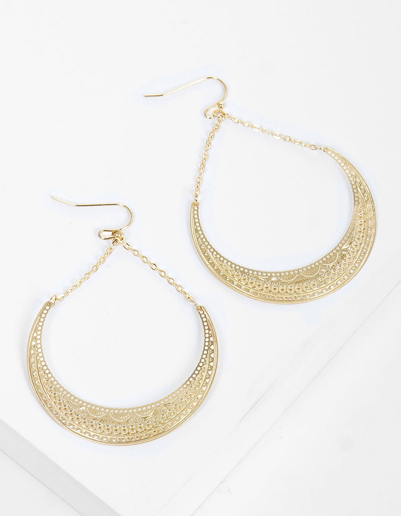 Metal Linked Chain Crescent Filigree Fish Hook Dangle Drop Earrings