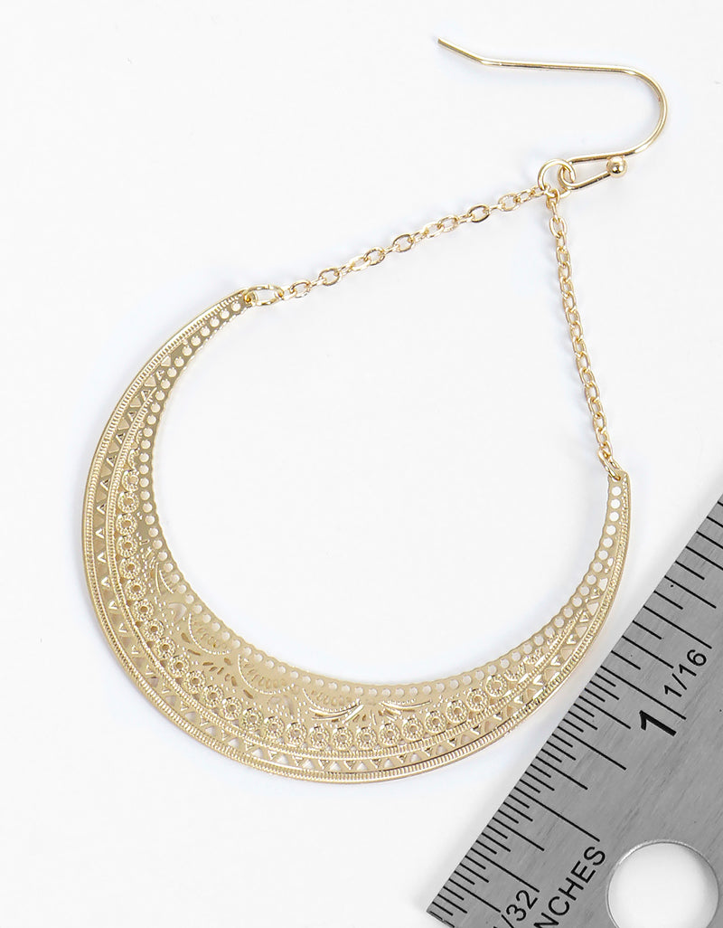 Metal Linked Chain Crescent Filigree Fish Hook Dangle Drop Earrings