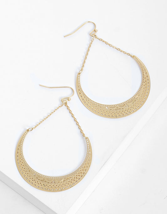 Metal Linked Chain Crescent Filigree Fish Hook Dangle Drop Earrings