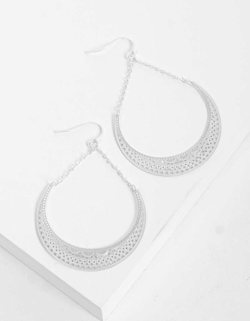 Metal Linked Chain Crescent Filigree Fish Hook Dangle Drop Earrings
