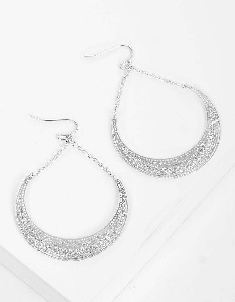 Metal Linked Chain Crescent Filigree Fish Hook Dangle Drop Earrings