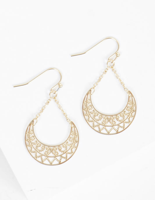 Metal Crescent Filigree Fish Hook Dangle Drop Earrings