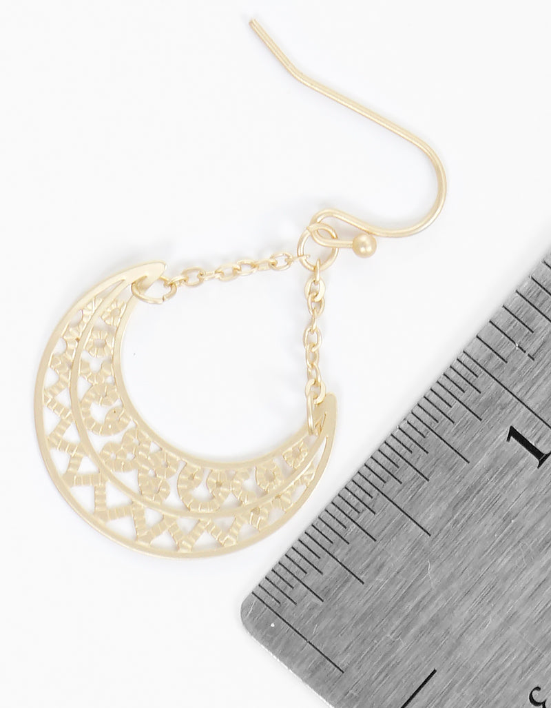 Metal Linked Chain Dainty Crescent Filigree Fishhook Dangle Drop Earrings