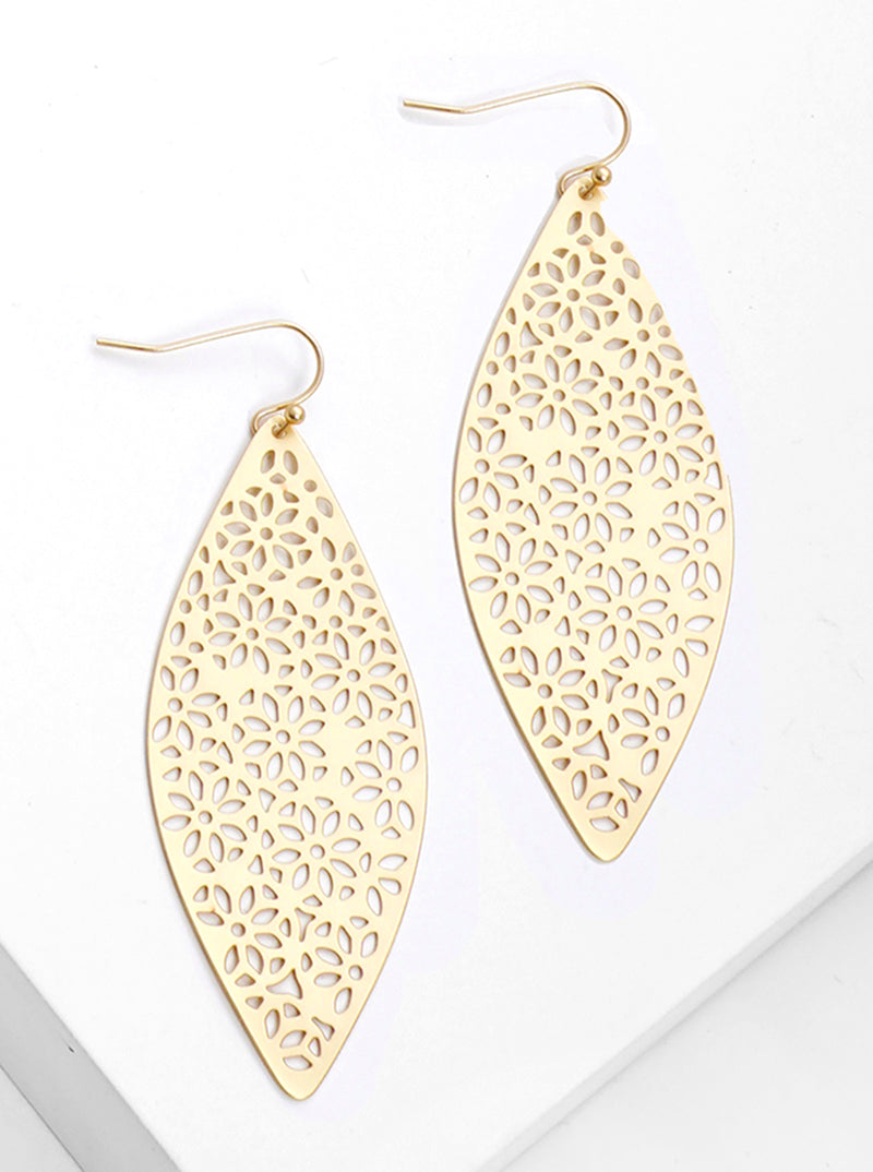 Metal Marquise Flower Filigree Fishhook Dangle Drop Earrings